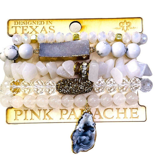 1CNC A297 *  5-strand white stone and crystal bead bracelet with druzy charms