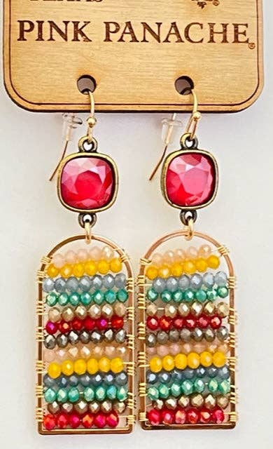 1CNC R177 * 10mm bronze/royal red cushion cut connector on multi-color seed bead oblong earring