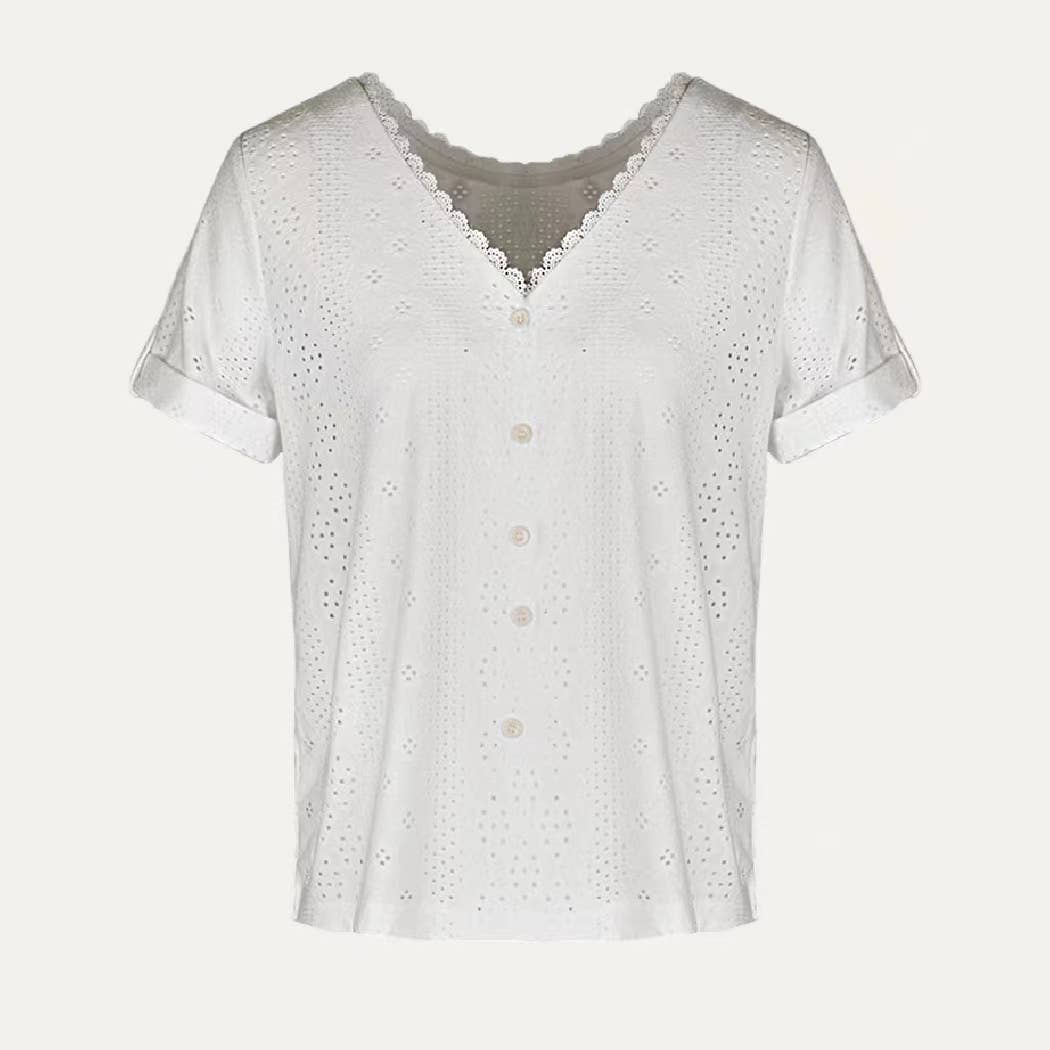 On-Trend Pierced Pointelle V Neck Short Sleeve Top