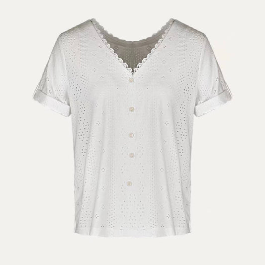 On-Trend Pierced Pointelle V Neck Short Sleeve Top