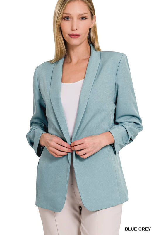 42POPS - SI-24178 WOVEN 3/4 RUCHED SLEEVE OPEN FRONT CLASSIC BLAZER